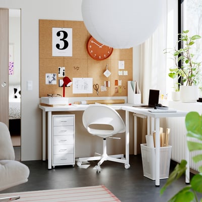 LAGKAPTEN / LINNMON L-shaped desk, white, 55 1/8x63 "