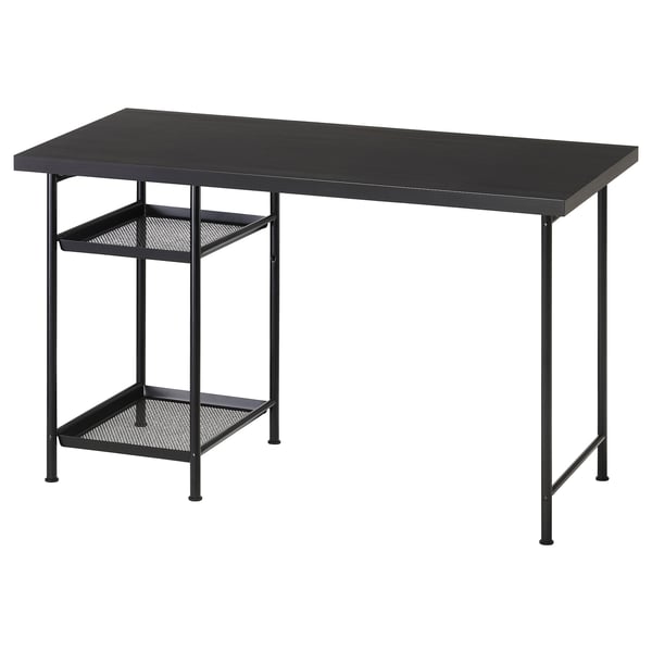 LAGKAPTEN desk in black with metal grid shelves, rectangular shape, minimalist design.