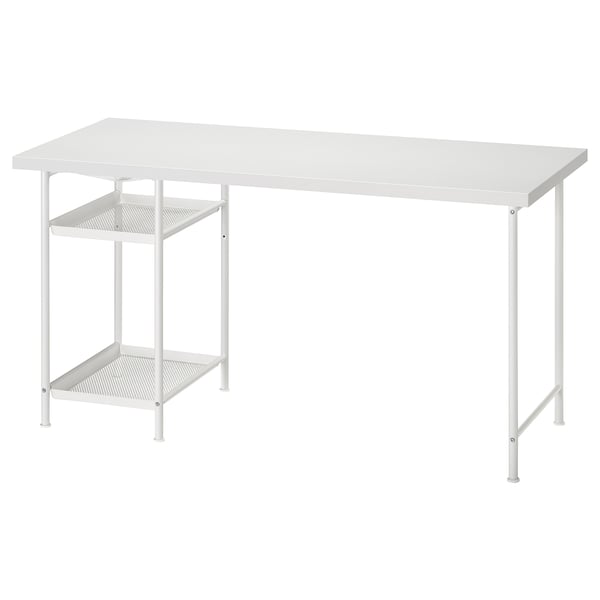 LAGKAPTEN: white desk with two shelves, modern design, metal legs, and cable management net.