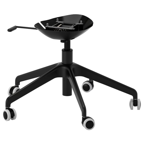 Black adjustable office stool with aluminium star base and five wheels.