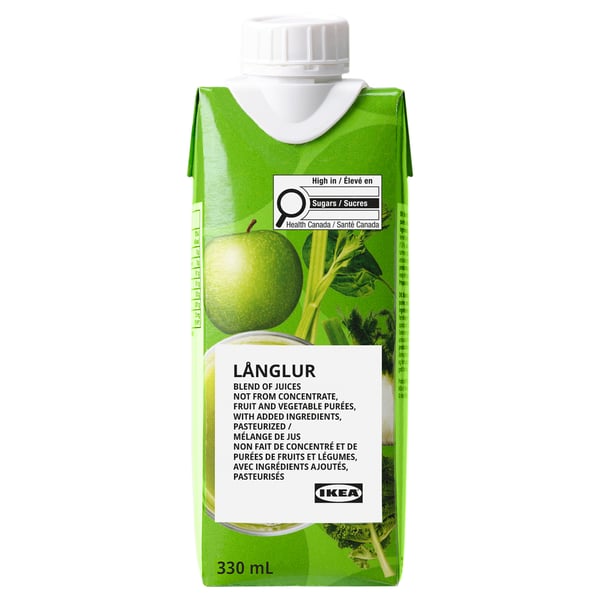 A green juice container labelled LÅNGLUR with a white cap, featuring images of apples and fennel, indicating a fruit and vegetable blend.