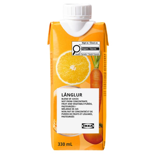 Orange and vegetable smoothie carton, LÅNGLUR, 330 ml, by IKEA.