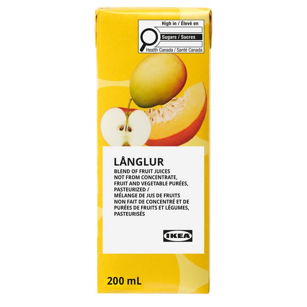 Yellow fruit juice carton, 200 ml, LÅNGLUR, IKEA, high sugar warning by health canada.