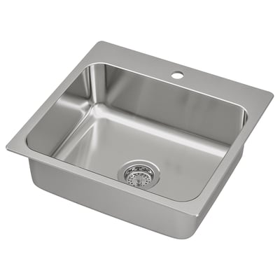 Stainless steel LÅNGUDDEN sink, square shape, single bowl, modern design.