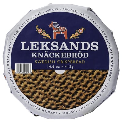 Round packaging of LEKSANDS KNÄCKEBRÖD, a swedish crispbread. Blue label with a horse logo.