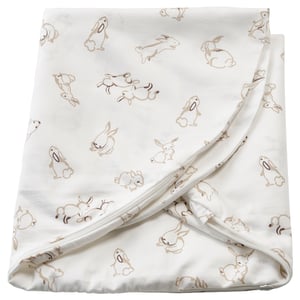White blanket with beige bunny patterns, soft cotton, square shape, cute design.