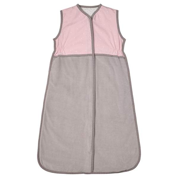 Light pink baby sleep bag, soft velour and cotton, zip front, sleeveless, grey trim.