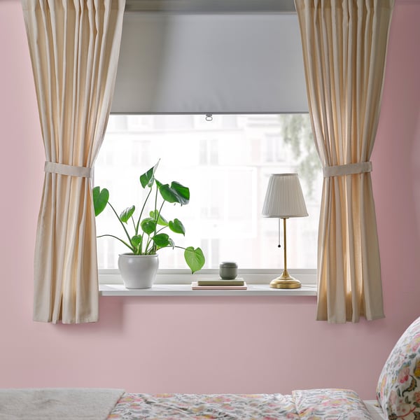 LENDA Curtains with tie-backs, 1 pair, off-white/with heading tape, 55x65 "