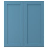 This image a pair of LERHYTTAN blue cabinet doors with a solid wood frame and inset bevelled panel design.