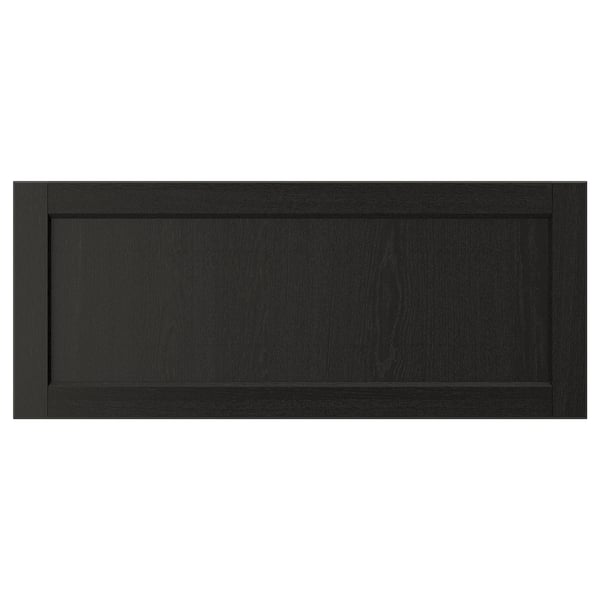 LERHYTTAN black wooden cabinet front, rectangular shape with bevelled edges and inset veneer panel, solid ash frame, traditional design.