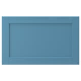 Blue rectangular wooden drawer front with recessed panel, solid frame, and bevelled edges.
