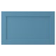 Blue rectangular wooden drawer front with recessed panel, solid frame, and bevelled edges.
