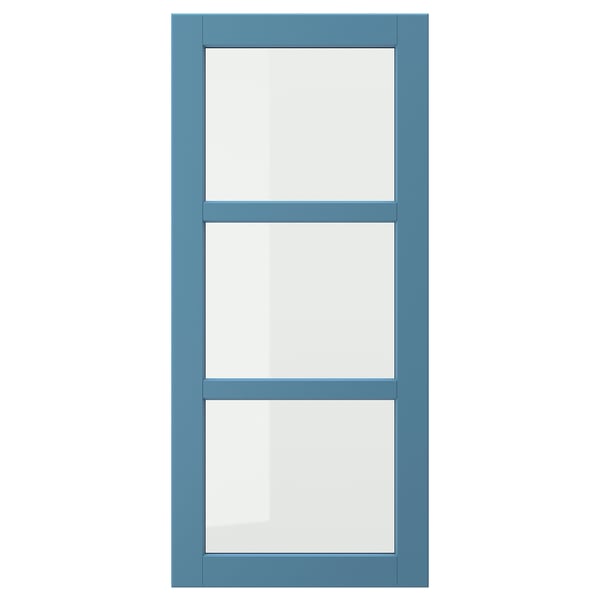 LERHYTTAN blue wood-framed glass door with bevelled edges and clear tempered glass.