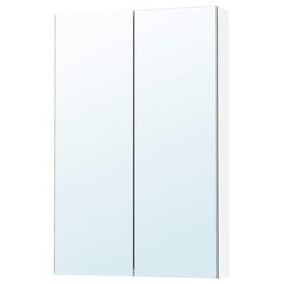 Wall-mounted storage cabinet with mirrored doors, modern design, space-efficient, safety film on glass.