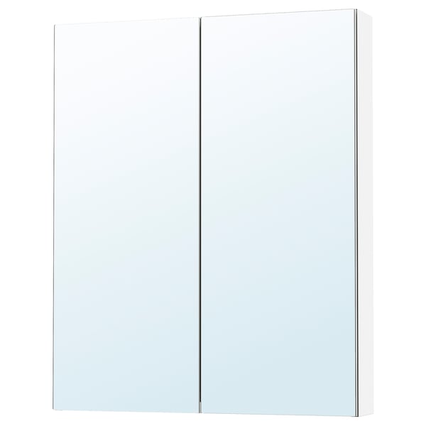 White mirrored cabinet for bathroom storage, reflects light for brightness.