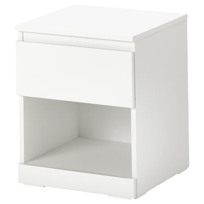 A white LILLBERGET bedside table with sleek design, featuring a drawer and open storage compartment.