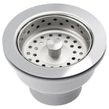 LILLVIKEN sink strainer in silver with plastic funnel, steel basket, and rubber seals.