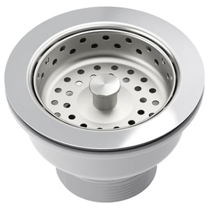 LILLVIKEN sink strainer in silver with plastic funnel, steel basket, and rubber seals.