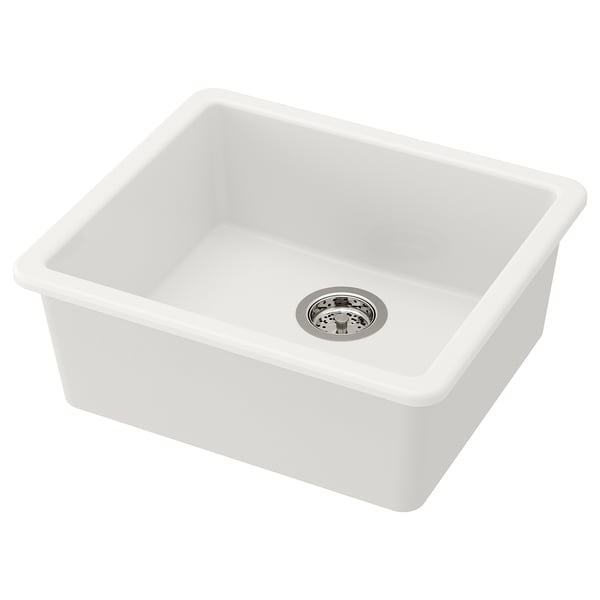 Ikea LILLVIKEN sink: white, rectangular, single bowl, stainless steel drain, seamless design.