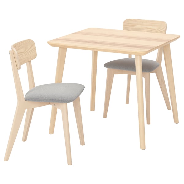The LISABO dining set with a light wooden table and two upholstered chairs.