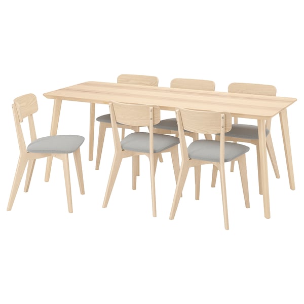 A light wood LISABO dining set with a rectangular table and six chairs. The chairs have grey cushions.