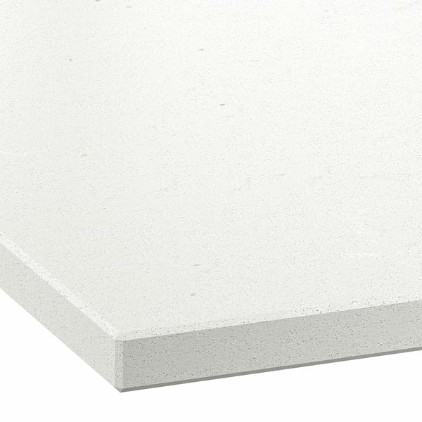 Sleek, white recycled glass worktop; smooth, even texture; clean edges; durable, non-porous surface.