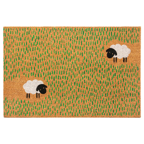 LÖGE doormat, brown with green grass design, rectangular, two black sheep on white background, durable coir material.