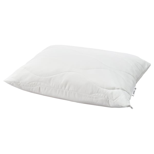 An erasable white LÖKSTAMFLY pillow. Its rectangular, soft, and designed for back and side sleepers.