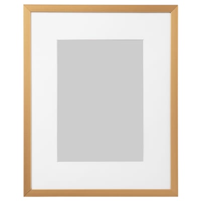 Gold LOMVIKEN picture frame with white mat, rectangular, metal edge.