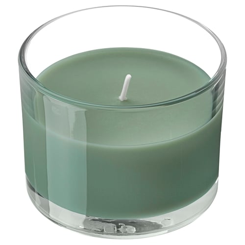 LOTSFÅGEL Scented candle in glass, Fig leaf green, 20 hr