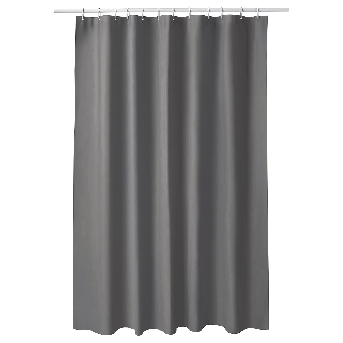 Grey shower curtain with hooks, simple design, water-repellent eva plastic.