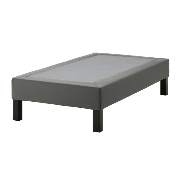 Grey LYNGÖR bed base, recycled polyester, pine, flat top, black legs, easy assembly.