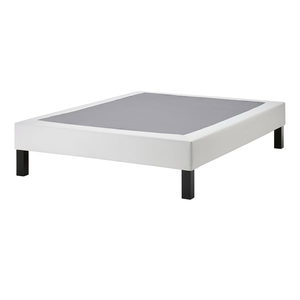 White LYNGÖR bed base: sleek, raised edges, square legs, flat slats.