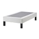 White LYNGÖR flat-pack bed base with wooden legs, rectangular, minimalist design.