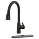 A sleek, black macksjon kitchen tap with a high arc design, featuring a pull-down spray head and a modern, ergonomic handle.