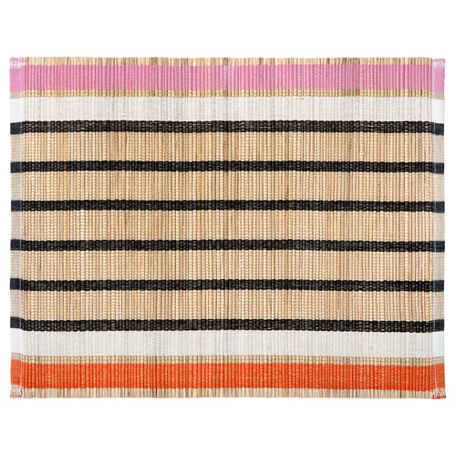 Handwoven rectangular place mat, pink, black, white, orange stripes, banana fibres, cotton, natural rustic look.
