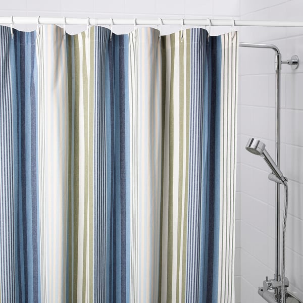 Blue and white striped cotton shower curtain.