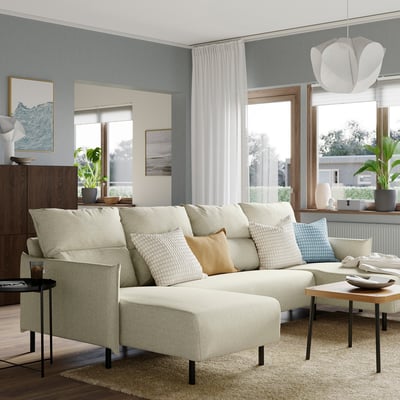 MANNARP 4-seat sofa with chaise lounge, Saxemara black-blue
