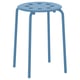 A blue MARIUS stool, round with holes, made of steel and plastic, suitable for stacking.
