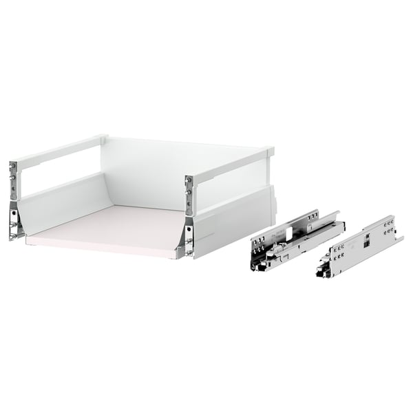Maximise white drawers with silver runners, fully extended, displaying a minimalist design.