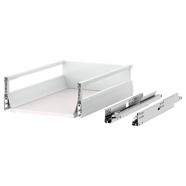 MAXIMERA white drawer system with metal runners, full extension, soft-close mechanism.