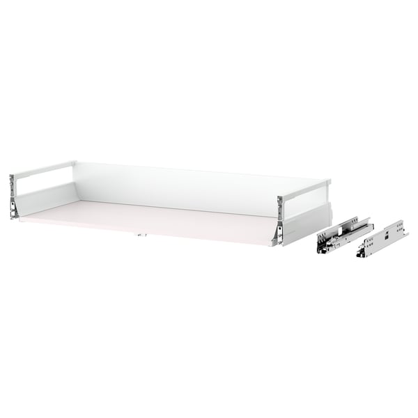 A white MAXIMERA drawer with silver runners, designed to pull out fully and close softly.