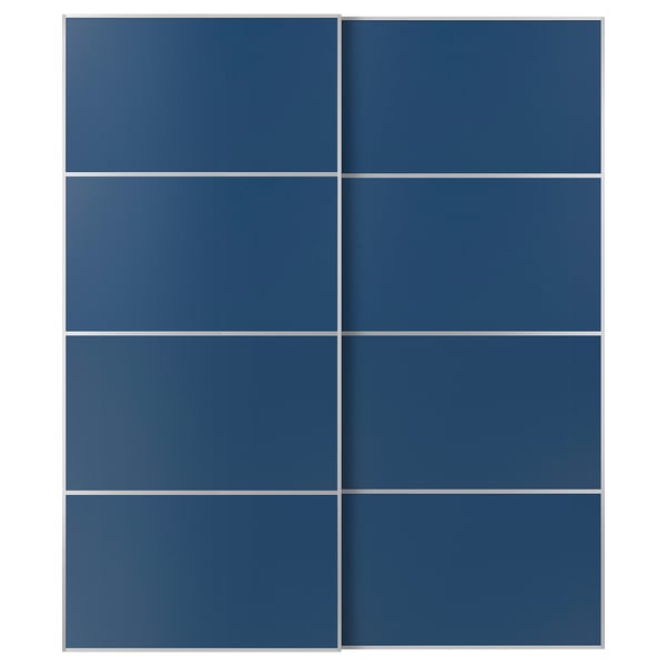 Blue sliding closet doors with aluminium & fiberboard, sleek design, soft-close.
