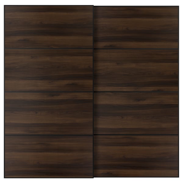 MEHAMN Pair of sliding doors, black/double sided dark brown oak effect, 78 3/4x79 1/8 "