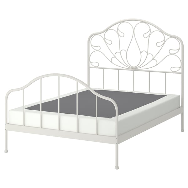 MELLGRUND bed: white metal, curved design, high headboard, sturdy frame.