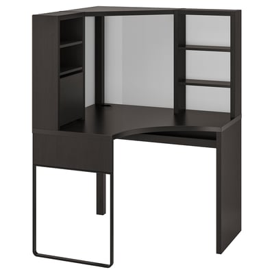 Black corner desk with shelves, magnetic board, and cable outlet. Modern, space-saving design.