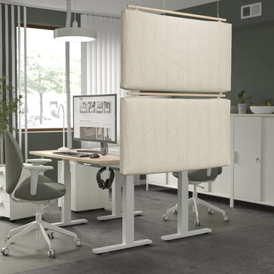Office with beige acoustic baffles, white furniture. Or, if you prefer to include the brand name: MITTZON baffles in office with white furniture.