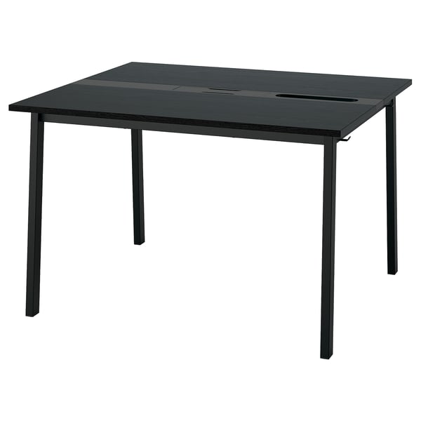 The MITTZON conference table is black, rectangular, with metal legs, and has built-in cable management.