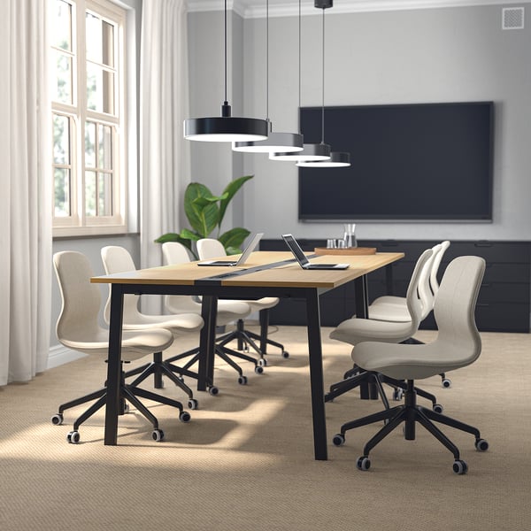 MITTZON conference table, chairs, tv, carpet, window.