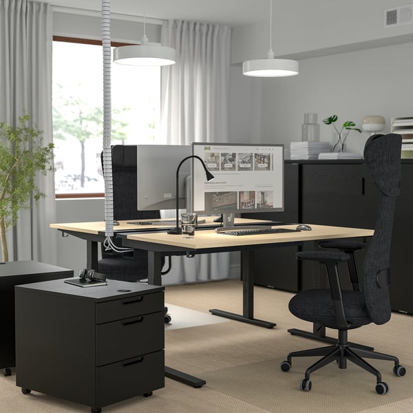 Modern home office: MITTZON desk, adjustable, ergonomic chair, lights, computer, plants.